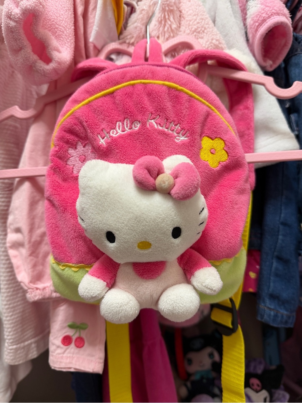 Hello Kitty Pink and Yellow Plush Backpack with White Character Front